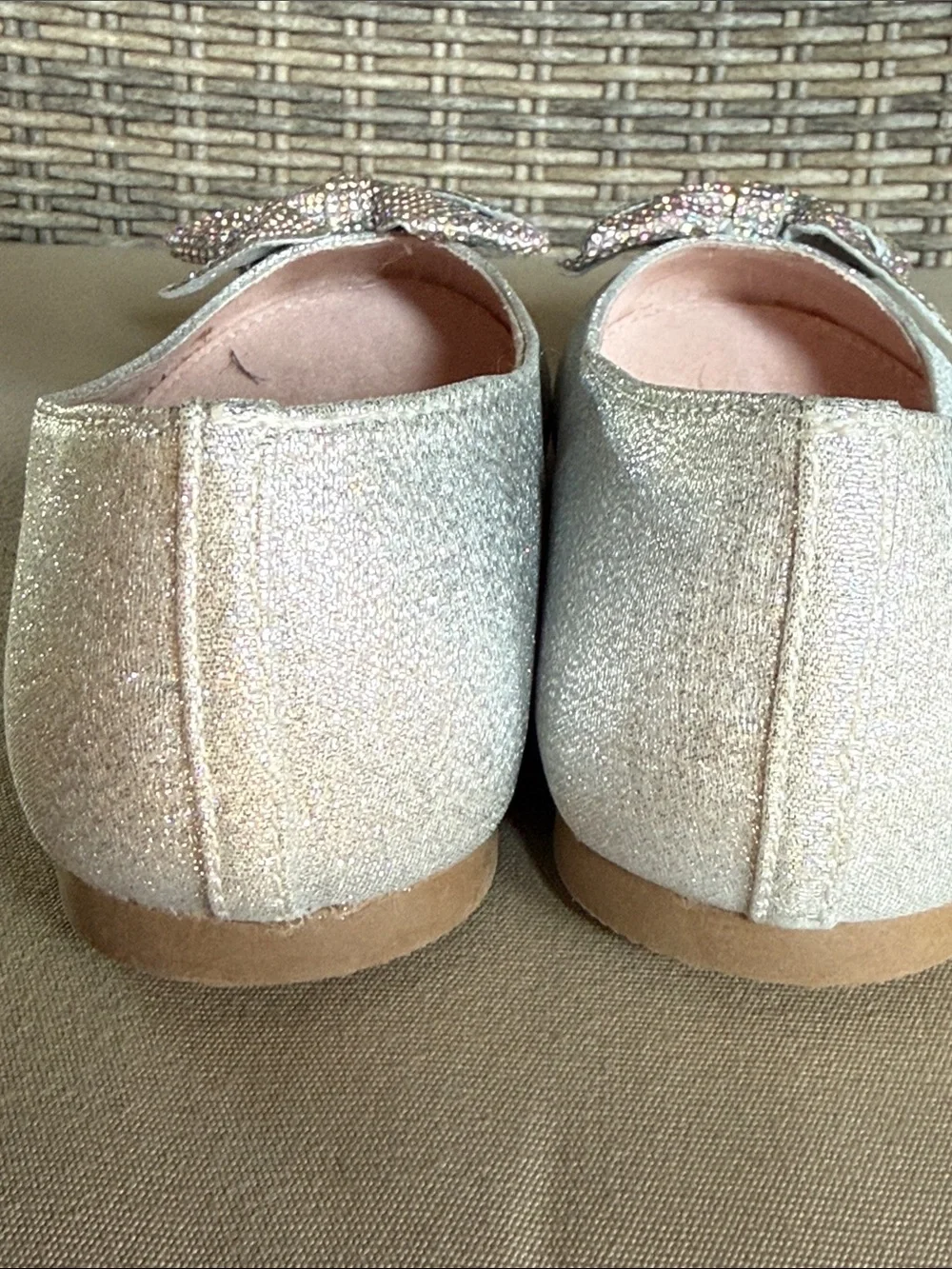 Cynthia Rowley Iridescent Silver-Glitter Rhinestone Bow Ballet Flats